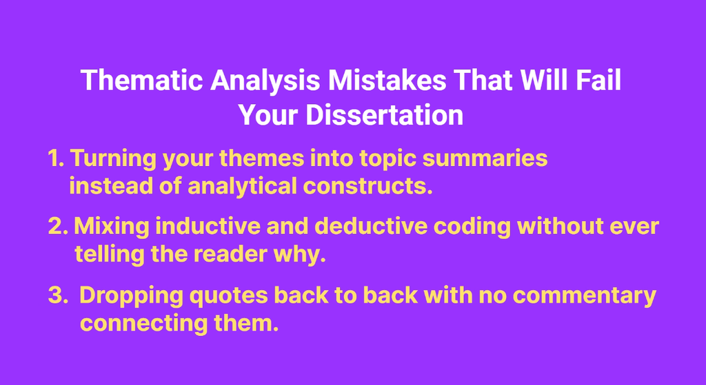 Slide recapping dissertation mistakes 1 through 3, introducing dropping quotes back-to-back with no commentary