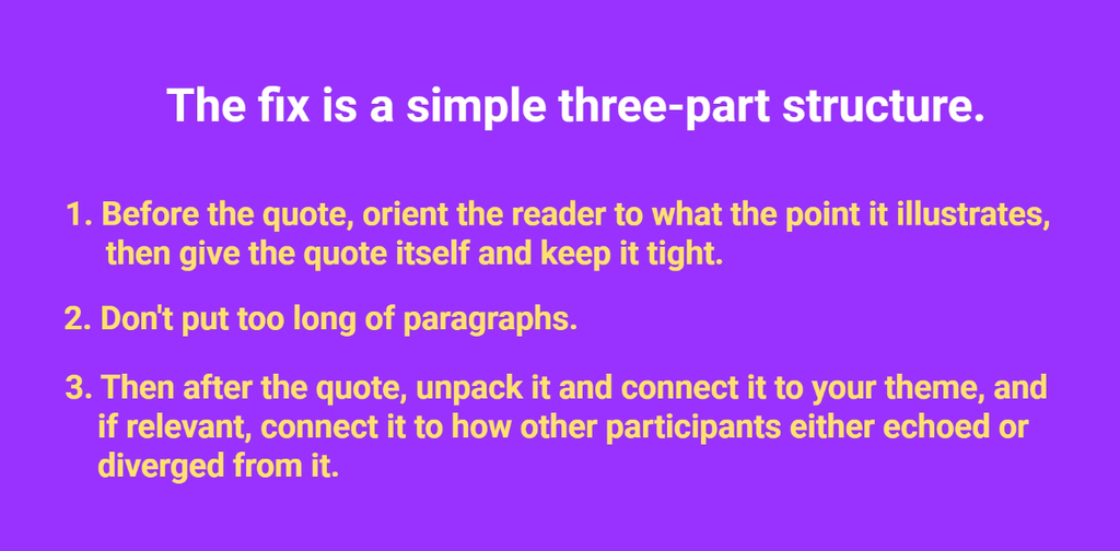 Slide outlining a three-part structure for using quotes: frame before, quote itself, and unpack after
