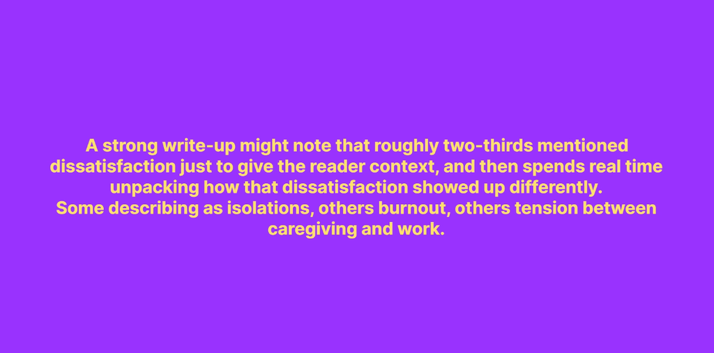 Slide showing a strong write-up example unpacking how dissatisfaction appeared as isolation, burnout, and caregiving tension