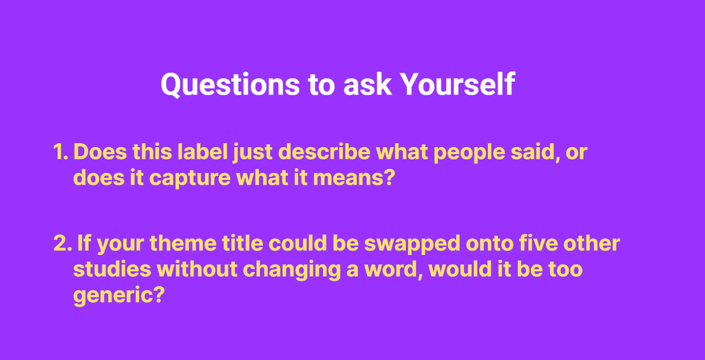 Slide with two self-check questions for testing whether a theme title is analytical or merely descriptive