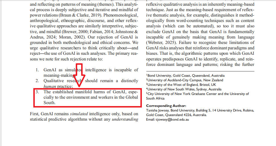 Section graphic introducing reason three: the ethical cost of using generative AI tools in qualitative research