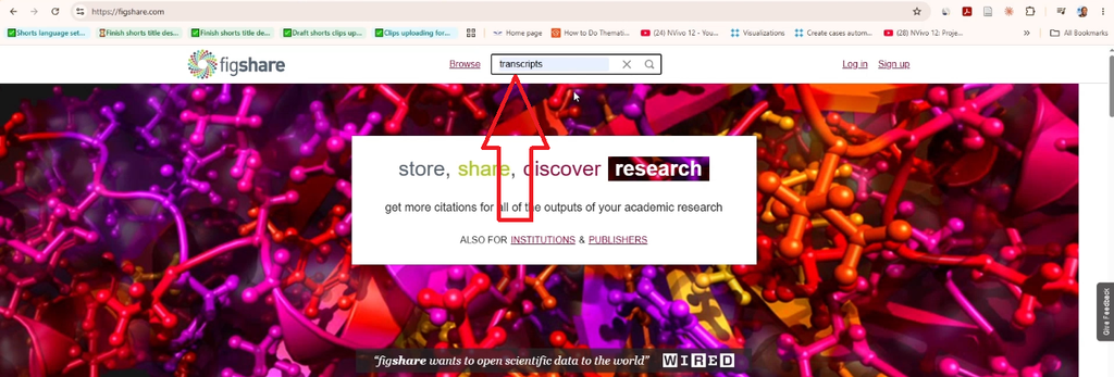 Figshare homepage with "transcripts" typed into the search bar