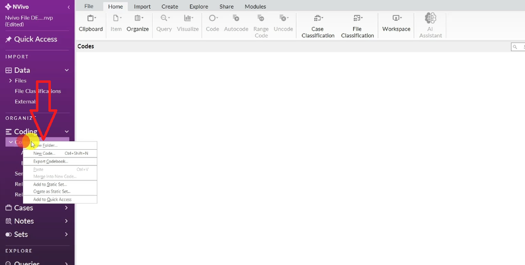 Screenshot of NVivo's Codes right-click menu with "New Folder..." highlighted by a red arrow.
