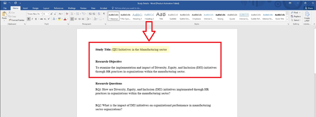 Study title and research objective highlighted in a Word document