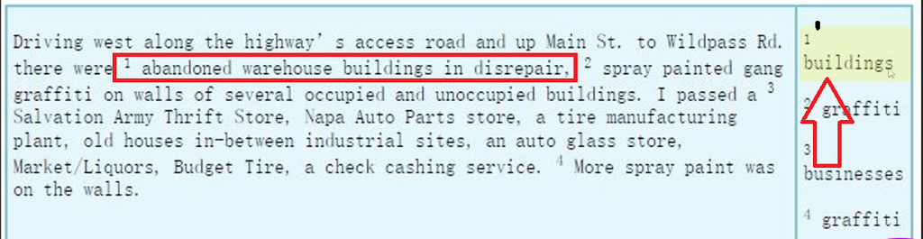 "Abandoned warehouse buildings" excerpt linked to the code "buildings"