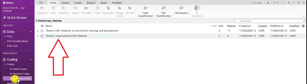 Shows the cleaned-up preliminary themes list — Theme 1 (Organisational DEI initiatives) and Theme 2 (DEI initiatives in recruitment, training, and development) — once the now-empty question containers have been removed.