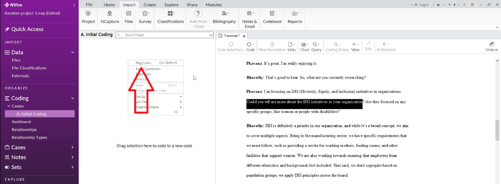Interview question highlighted with NVivo's right-click menu open