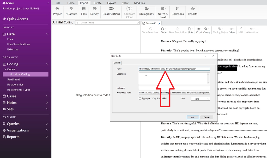 New Code dialog naming a code container after interview question 1