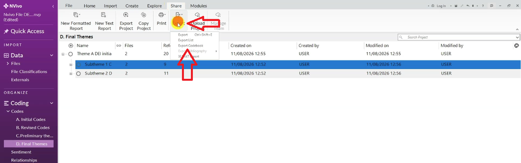 Shows accessing Export → Export Codebook from NVivo's Share tab, the first step in generating a full codebook document.