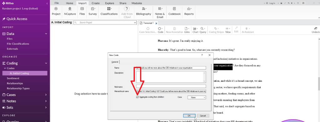 "Aggregate coding from children" checkbox selected in NVivo