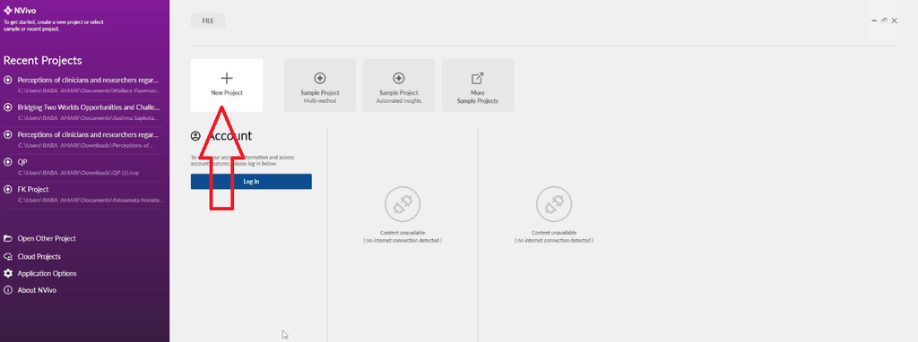 NVivo start screen with the "+ New Project" button highlighted