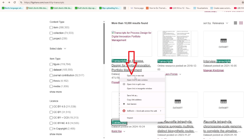 Figshare search results for "transcripts" with a result's menu open