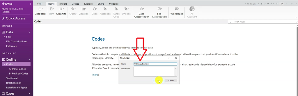 Screenshot of NVivo's New Folder dialog with "Preliminary themes" typed into the Name field and a red arrow pointing to the OK button.