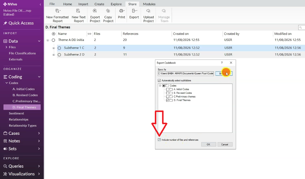 Shows configuring the codebook export: choosing the Final Themes folder and the option to include file and reference counts for each theme before saving.