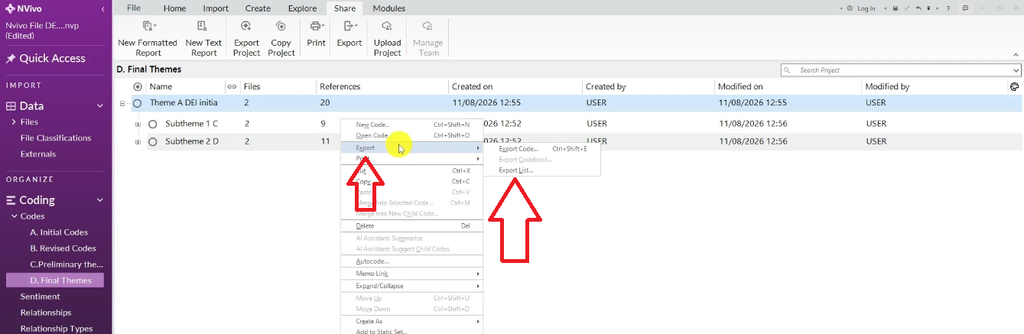 Shows right-clicking a theme in NVivo and choosing "Export List..." from the Export submenu to save the coding structure as an Excel file.