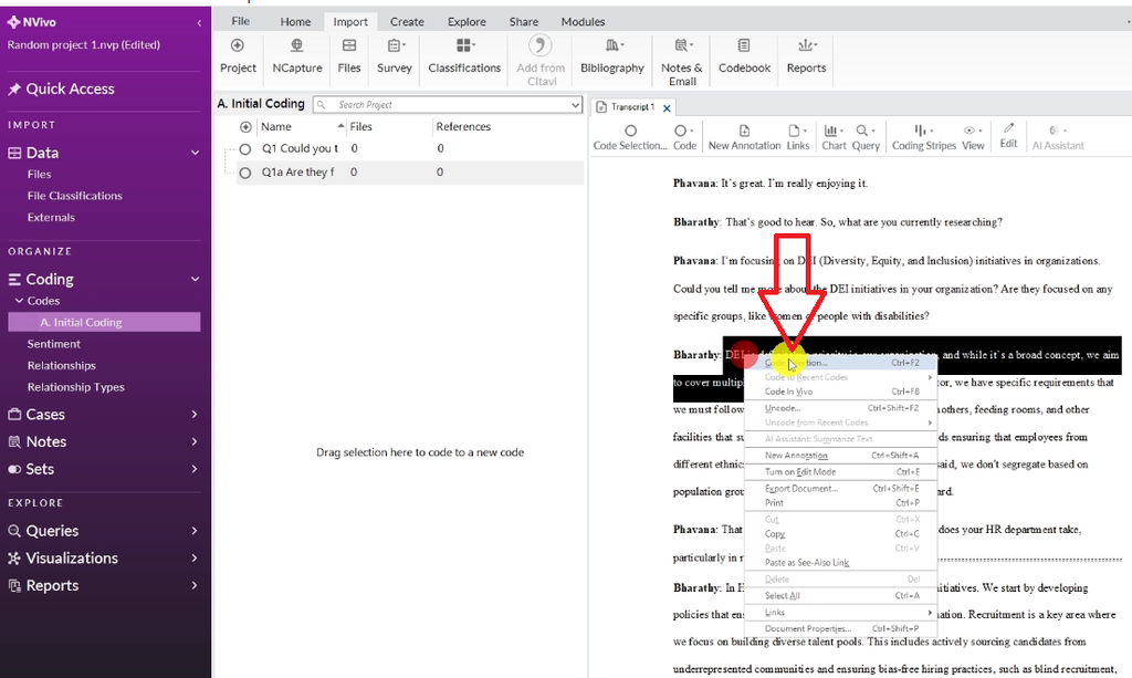 "Code Selection" option highlighted in NVivo's right-click menu