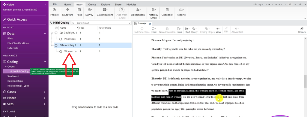 New code for the crèche and feeding rooms quote in NVivo