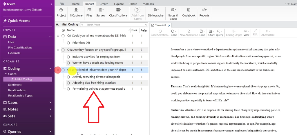 Three new codes listed under interview question 2 in NVivo