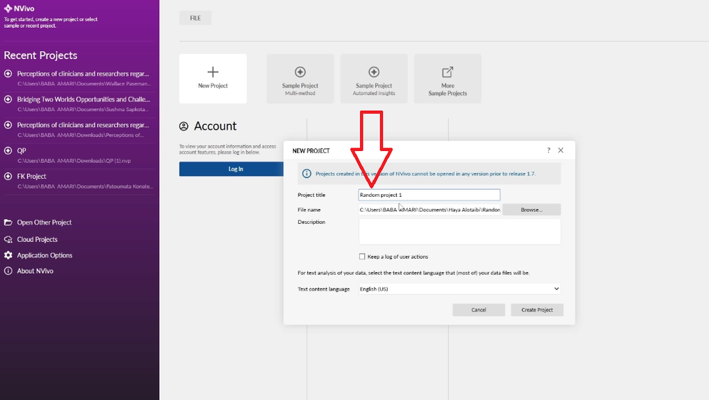 New Project dialog in NVivo with the project title field highlighted