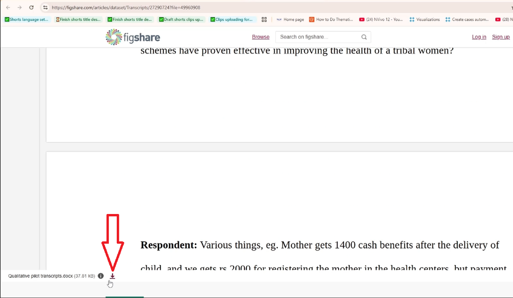 Figshare search results for "transcripts" with a result's menu open