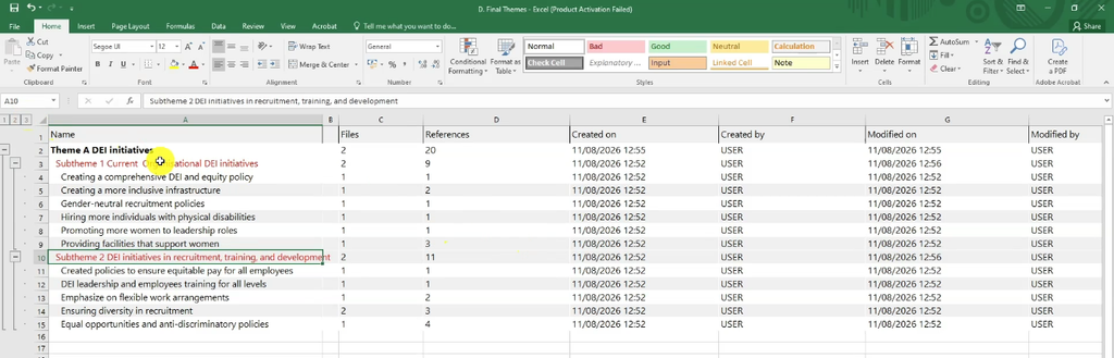Shows the exported code list opened in Excel, with the full coding structure laid out in columns: main theme, sub-themes, individual codes, file counts, and reference counts.