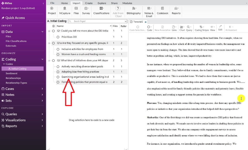 New code for an organizational diversity gap in NVivo