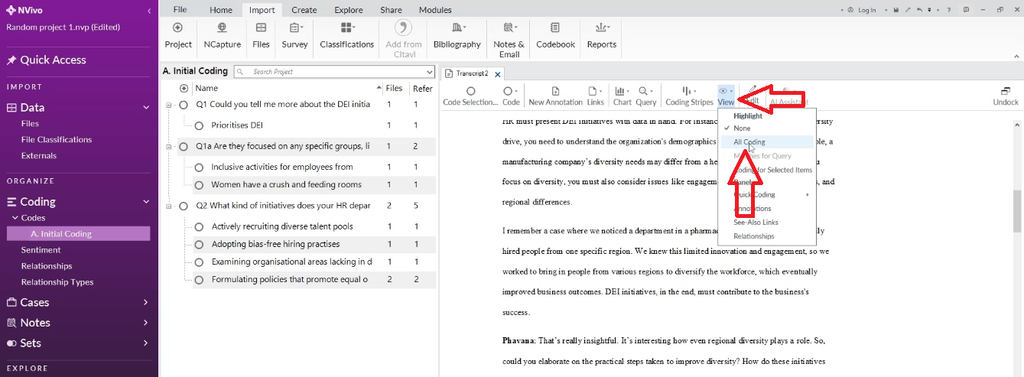 "All Coding" option highlighted in NVivo's View menu