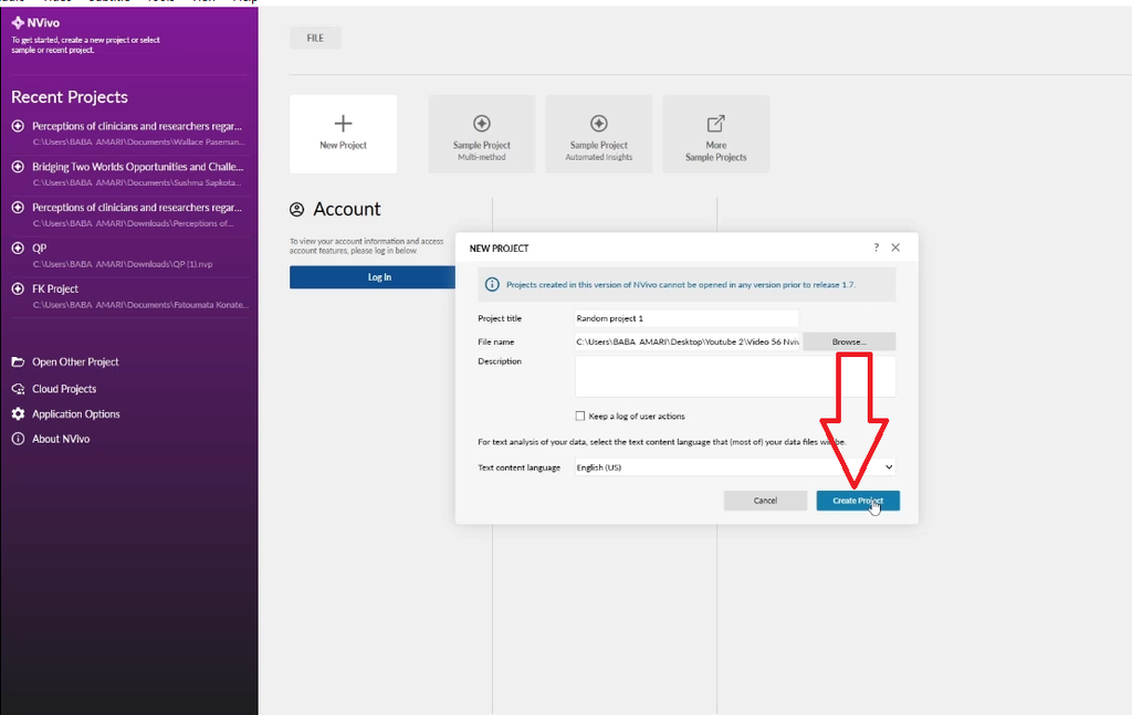 "Create Project" button highlighted in NVivo's New Project dialog