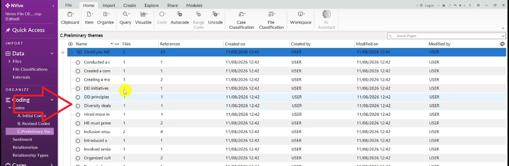 Screenshot of NVivo listing individual codes nested under question container Q2, with a red arrow pointing to the code list.
