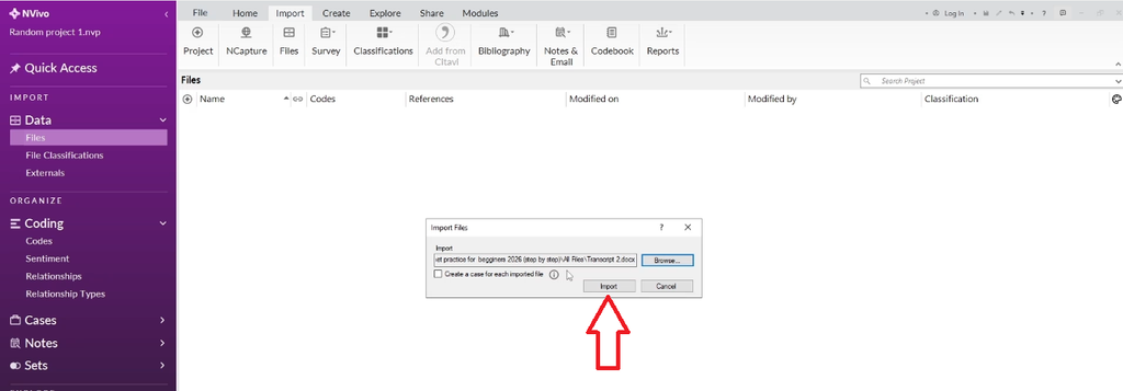 Import button highlighted in NVivo's Import Files dialog