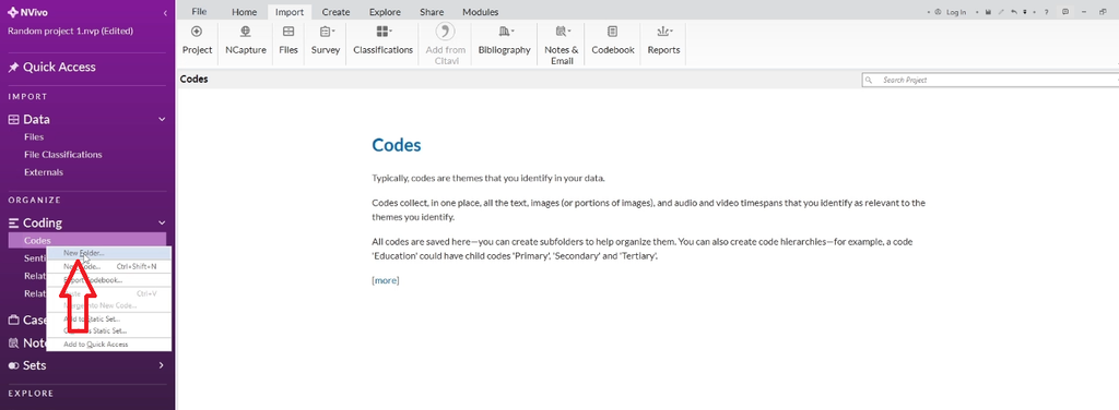 "New Folder" option highlighted in NVivo's Codes right-click menu