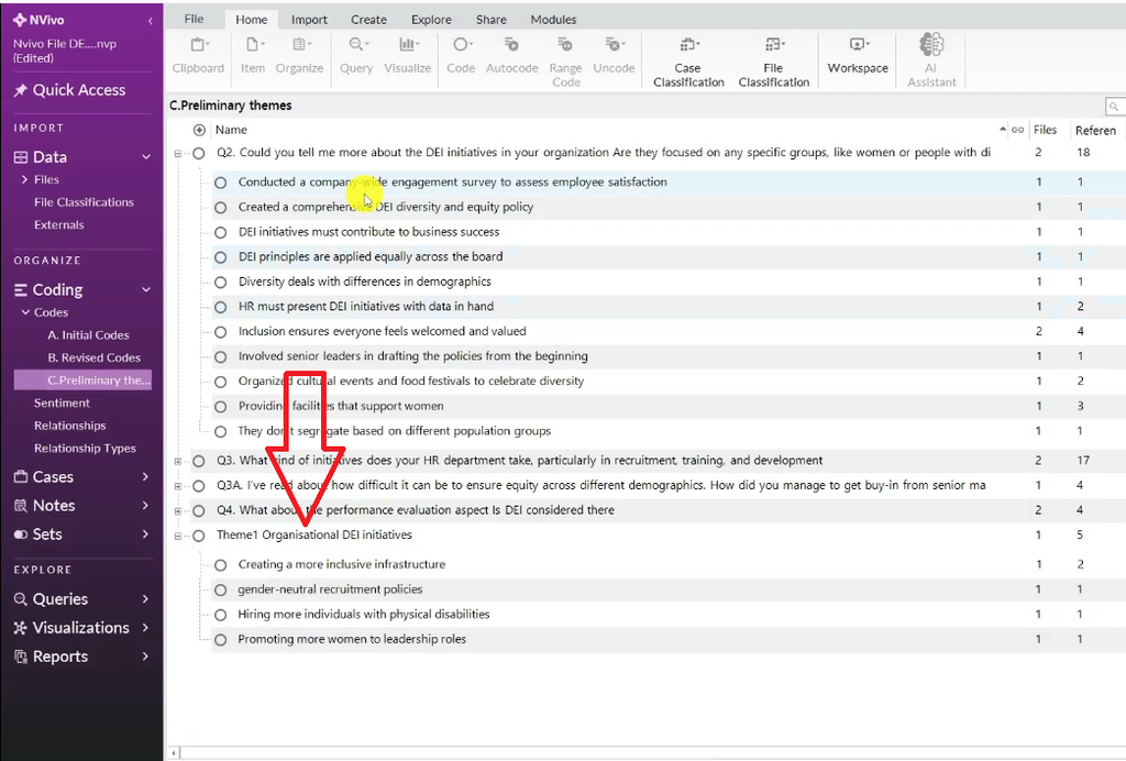 Displays the codes that have been dragged into "Theme1 Organisational DEI initiatives," now nested underneath it in the coding tree, with the DEI and equity policy code included.