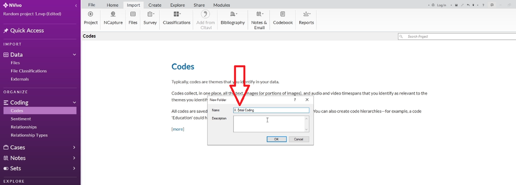 New Folder dialog naming a code folder "A. Initial Coding"