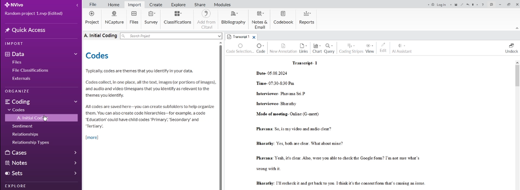 Blank NVivo project open with an interview transcript ready for coding