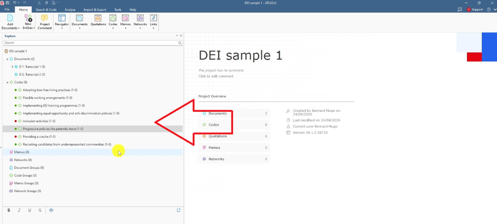 ATLAS.ti “DEI sample 1” project overview: the Explorer panel lists Documents (2) and Codes (8), including “Providing a creche” and “Recruiting candidates from underrepresented communities”; the main panel shows a Project Overview summary (Documents 2, Codes 8, Quotations 8, Memos 0, Networks 0) with project metadata.