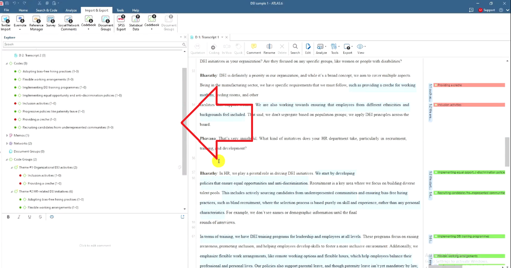 1 The worked example used throughout the post: an ATLAS.ti project on DEI with codes grouped into Theme #1 Organizational DEI activities and Theme #2 HR-related DEI initiatives.
