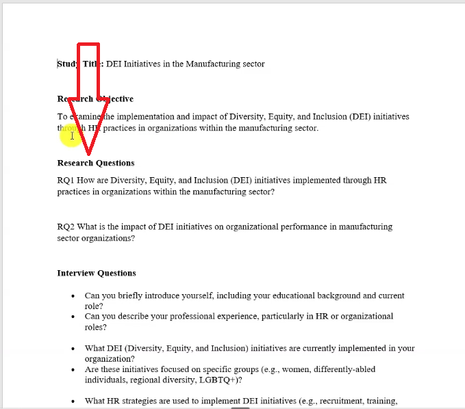 Study details for the DEI in manufacturing example: title, objective, research questions and interview questions