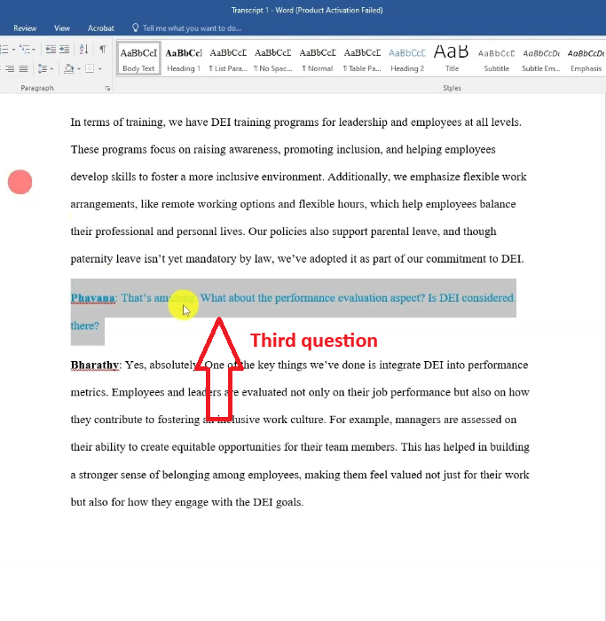 Third interview question highlighted in blue in the transcript