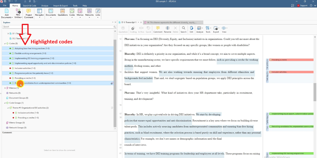 Codes list with six HR-related codes highlighted in blue — “Adopting bias-free hiring practices,” “Flexible working arrangements,” “Implementing DEI training programmes,” “Implementing equal opportunity and anti-discrimination policies,” “Progressive policies like paternity leave,” “Recruiting candidates from underrepresented communities” — selected for a second theme, labeled “Highlighted codes.”