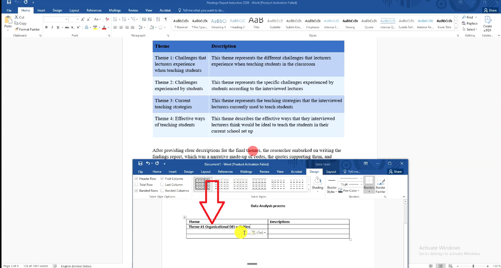 Theme name pasted into a Word table, next to a completed four-theme example table with descriptions