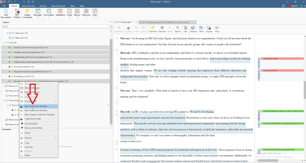 Right-click menu over the six selected codes with a red arrow pointing to “New Group from Selection,” repeating the grouping action for the second theme.