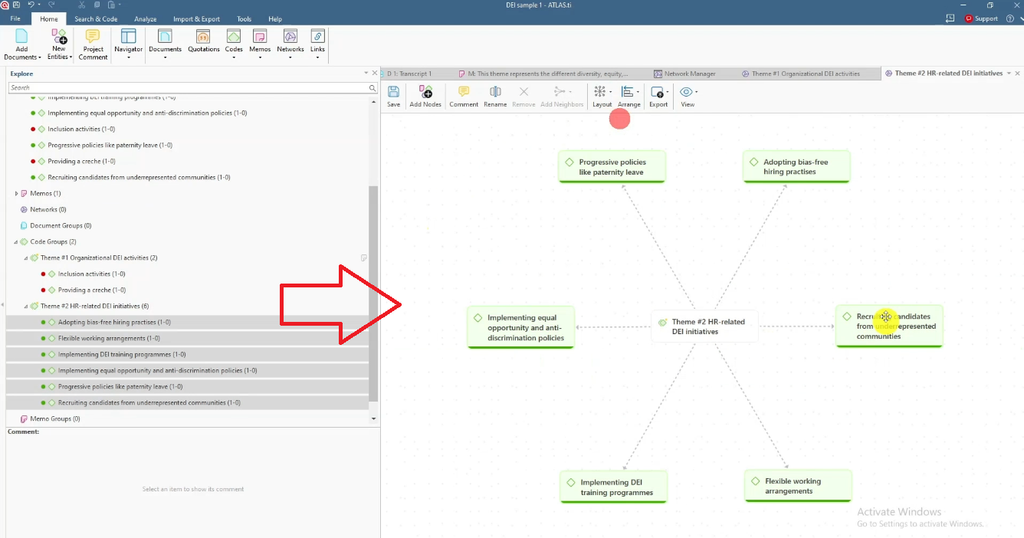 ATLAS.ti network for Theme 2 in a circular layout with six green codes
