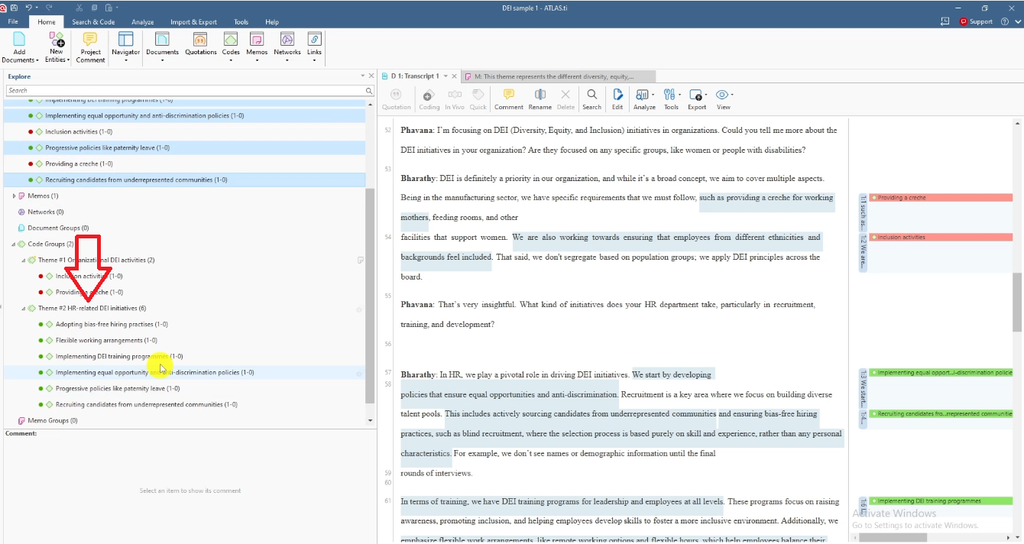 Explorer’s Code Groups section now listing two groups: “Theme #1 Organizational DEI activities (2)” and “Theme #2 HR-related DEI initiatives (6),” with the six HR-related codes nested under the new group.
