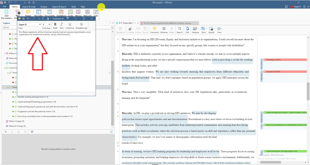 Comment editor showing the second theme’s memo: “This theme represents all the initiatives taken by human resource departments across organisations to implement diversity, equity, and inclusion.”