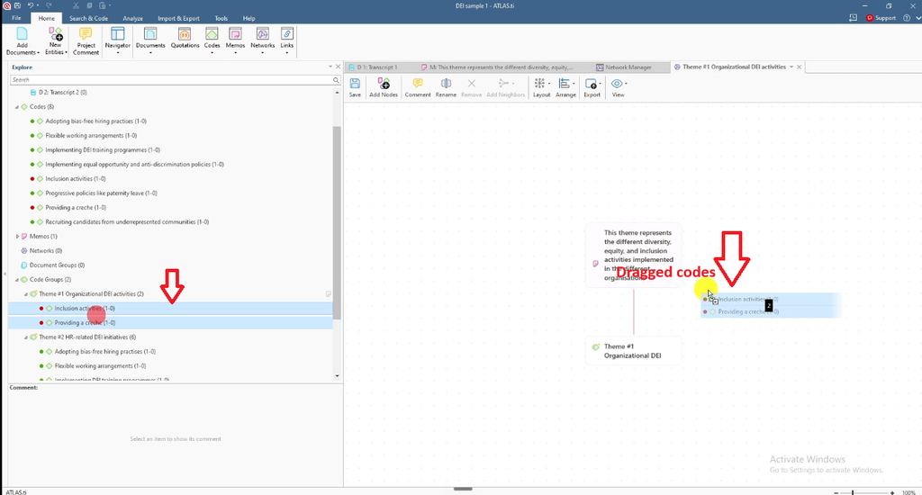 Network canvas under construction: the “Theme #1 Organizational DEI” node is connected to its memo text box while its two codes, “Inclusion activities” and “Providing a creche,” are dragged in from the Explorer’s code list, labeled “Dragged codes.”