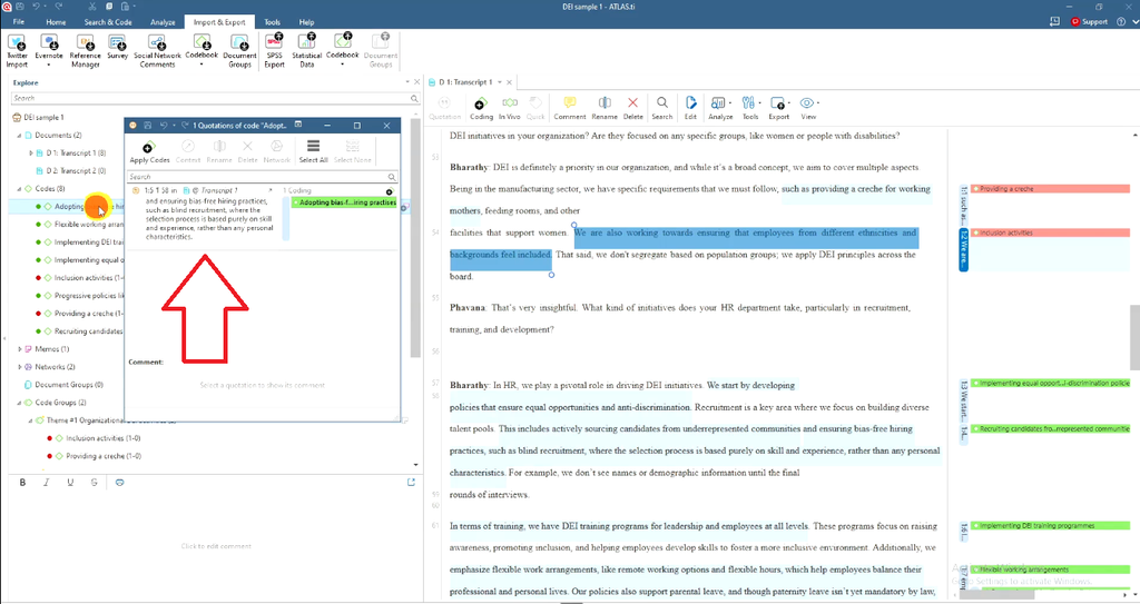 ATLAS.ti quotations window opened by double-clicking the code Adopting bias-free hiring practices
