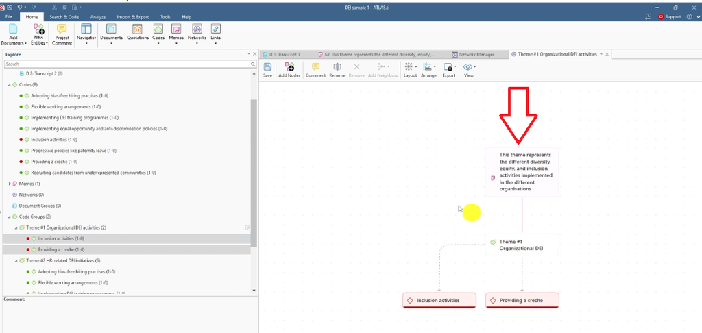 Completed network diagram for Theme #1: the memo text box at top connects down to the “Theme #1 Organizational DEI” node, which links via dashed lines to two red-outlined code boxes, “Inclusion activities” and “Providing a creche.”