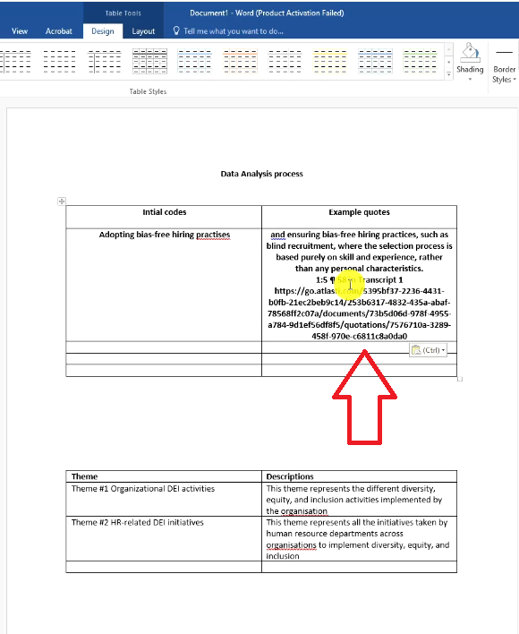 Participant quote pasted into the Example quotes column with the ATLAS.ti reference and link still attached