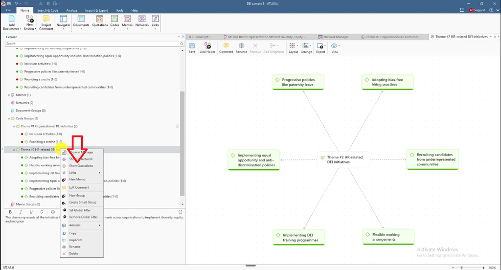 Network diagram for Theme #2 with a right-click menu showing “Show Quotation”