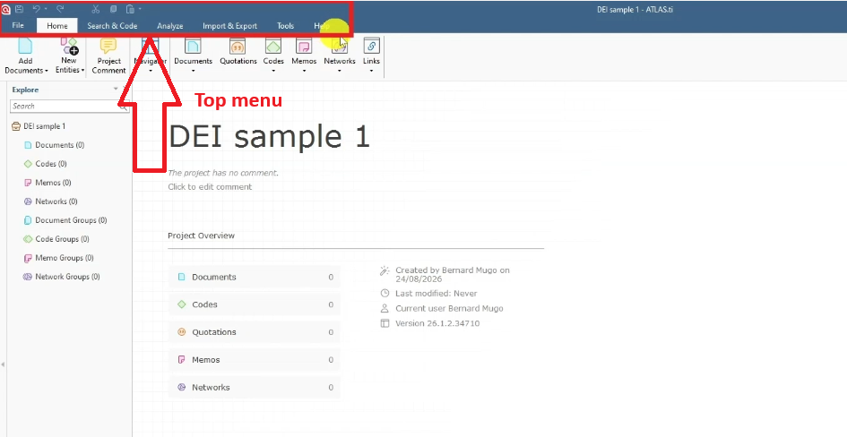ATLAS.ti top menu ribbon highlighted in a new project called DEI sample 1